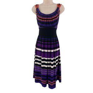 Size 14 PURPLE/MULTI STRIPED PLEATED MIDI DRESS Summer Wedding Party‎ Church